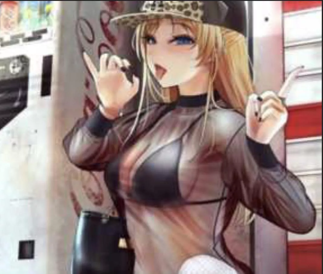 LF color source: 1girl, blond hair, blue eyes, see through clothes, vending machine, suggestive, ad