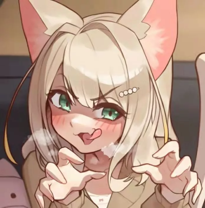 LF Color Source: 1girl, blond hair, fox girl, green eyes, licking, steam, tongue out