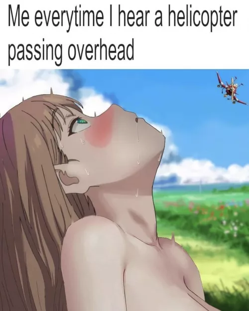LF Color Source: 1girl, Blonde, blushing, sweat, big boobs, blue eyes, looking up, helicopter,