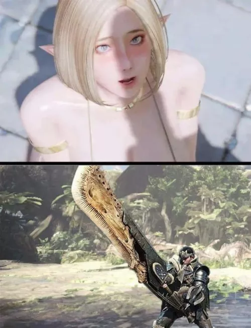 LF Color Source: 1girl, blonde, elf, big shadow, blue eyes, gold necklace, gold bracelet, Bob-cut, Monster Hunter, meme, Big Sword, 3D animated