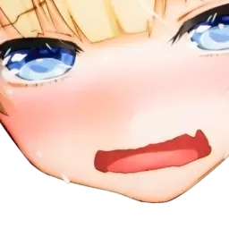 LF Color Source: 1girl, blonde_hair, blue_eyes, skin_fang, open_mouth, blunt_ends, blush