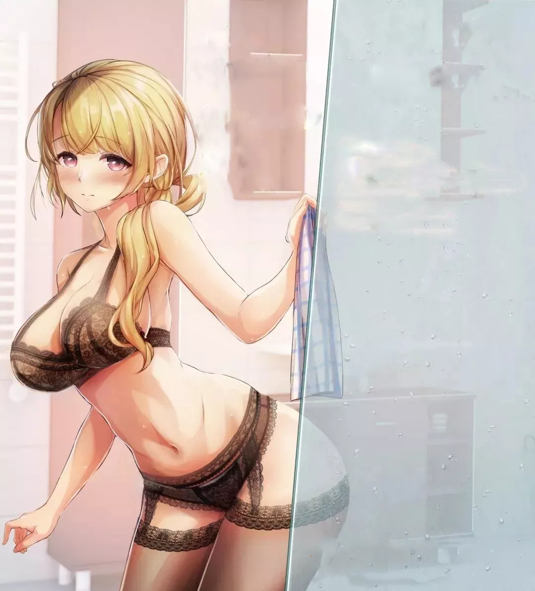 LF Color Source: 1girl, blonde hair, lingerie, towel, hair over shoulder, purple eyes, looking at viewer, blush