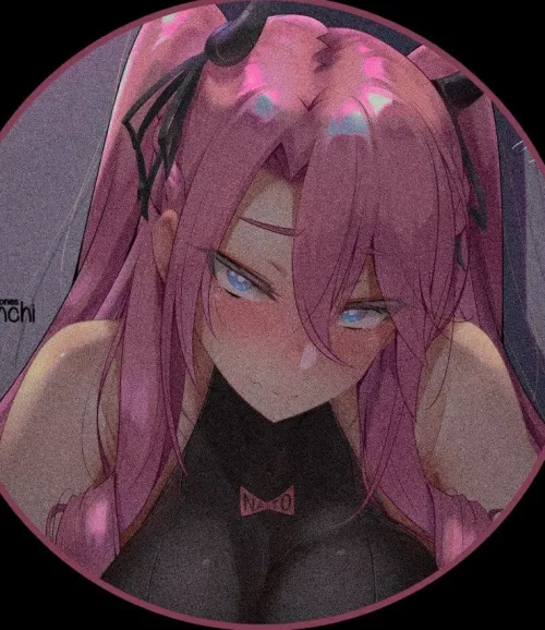 LF Color Source: 1girl, Blue Eyes, Clothed Paizuri, Horns, Pink Hair, Text on clothes, Twintails