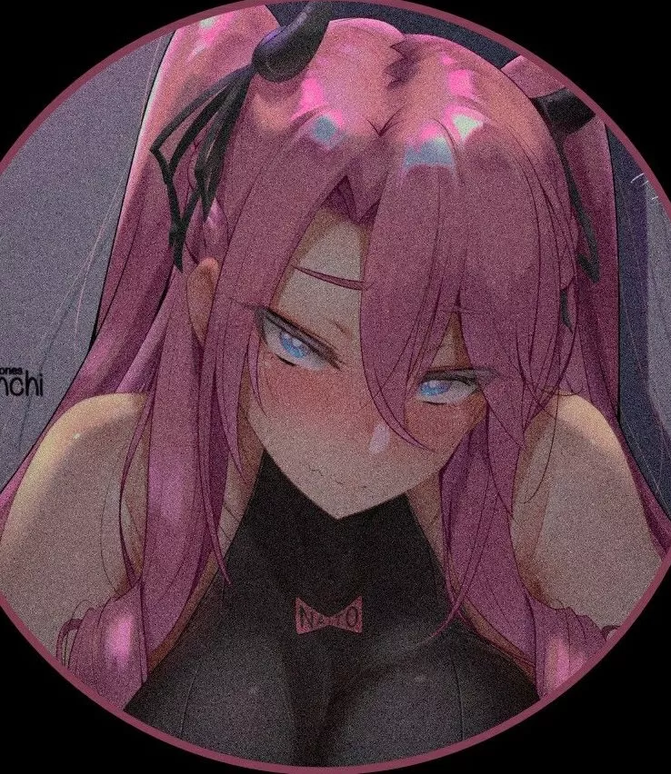 LF Color Source: 1girl, Blue Eyes, Clothed Paizuri, Horns, Pink Hair, Text on clothes, Twintails