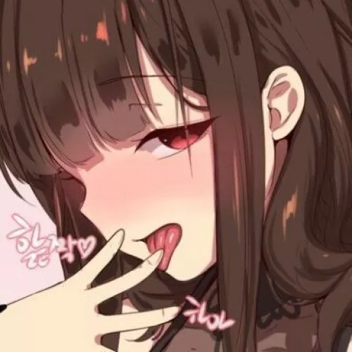 LF Color source: 1girl, brown hair, long hair, red eyes, straight hair, tongue on finger, foreign text, korean text, pink background