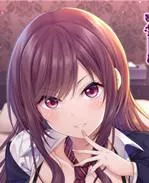LF Color Source: 1girl, face, close up, smiling, red eyes, bangs, brown red hair, neck, neck tie, collarbone, uniform, half naked, bed, tissue box
