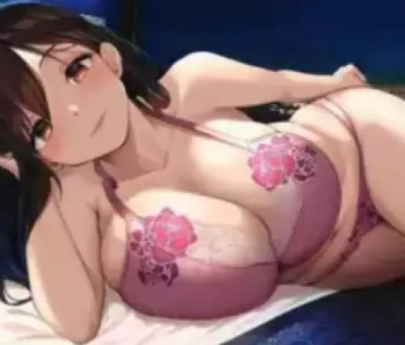 LF Color Source: 1girl, large breasts, pink lingerie, brown hair, brown eyes, lying down, hand on hip, looking at viewer