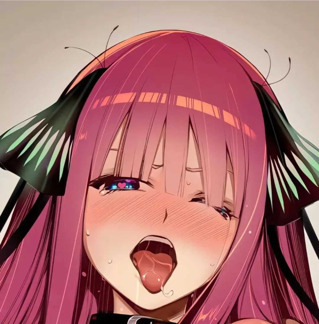 LF color source: 1girl, nino, nino nakano, red hair, ahegao, tounge, collar, heart pupils, heart eyes