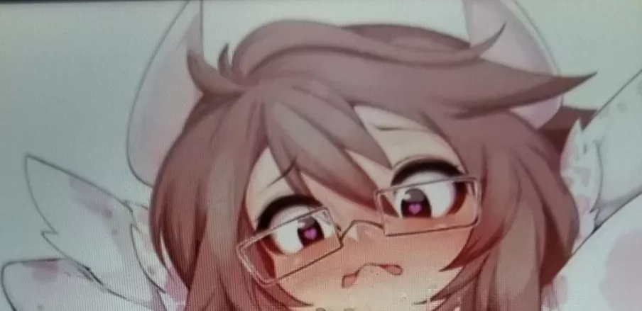 LF Color Source: 1girl, pink hair, arms behind head, scared face, frown, red eyes, animal horns, glasses, blush
