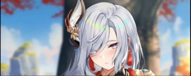 LF color source: 1girl, silver hair, silver eyes, very long eyes, highlights, hair over one eye, blush, looking at viewer, earrings, outdoors, eyes visible throught hair, blurry background.