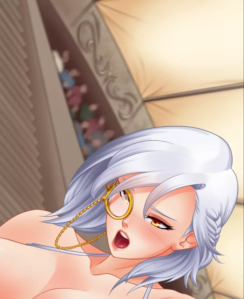 LF Color Source: 1girl, white hair, monocle, large breasts, public, exhibitionism