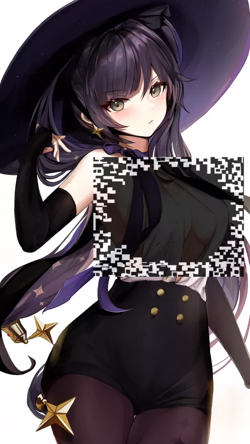 LF color source: 1girl, witch hat, black hair, green eyes, thigh highs