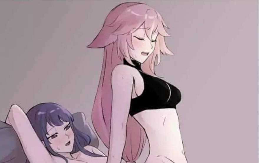 LF Color Source: 2girls, animal ears, arm up, beauty mark, black shirt, blue hair, closed eyes, crop top, long hair, low ponytail, open mouth, pillow, pink hair, purple hair, red eyes, reverse cowgirl position, sideboob, sweat