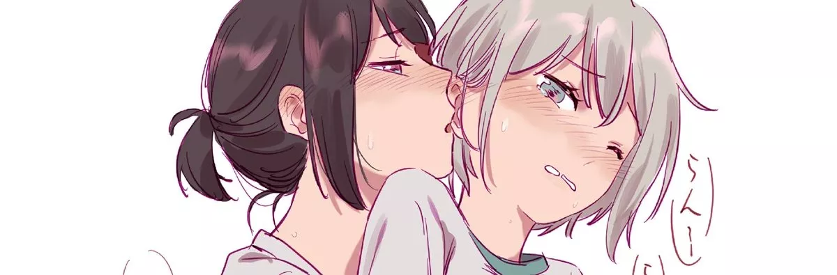 LF Color Source: 2girls(?), blush, brown hair, white hair, blue eyes, brown eyes, white background, japanese text