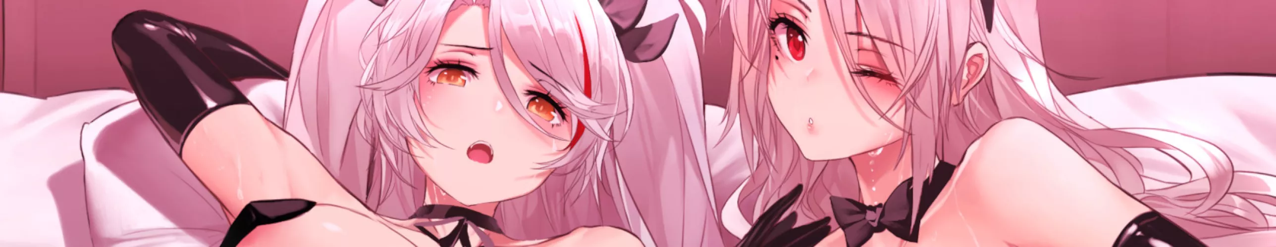 LF color source: 2girls, crop, faces, mouth open, long hair, pillow, sweat, silver hair, white hair, bow tie, one eye closed, red eyes, orange eyes, hair ribbon, gloves