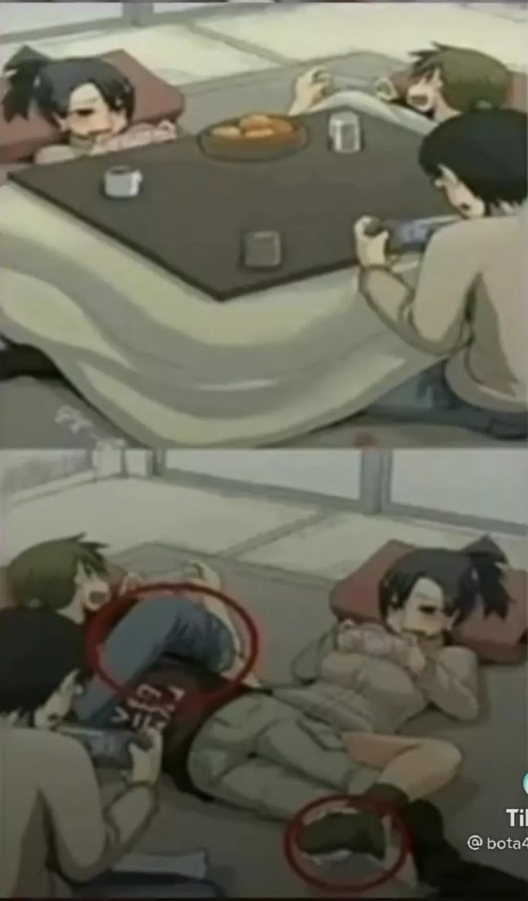 LF Color Source: 2M 1F, Kotatsu, playing games, laying down, jeans, X-ray