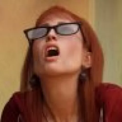 LF color source: 3d, 1girl, face, glasses, crop, long hair, brown hair, mouth open, neck, black glasses, upper teeth