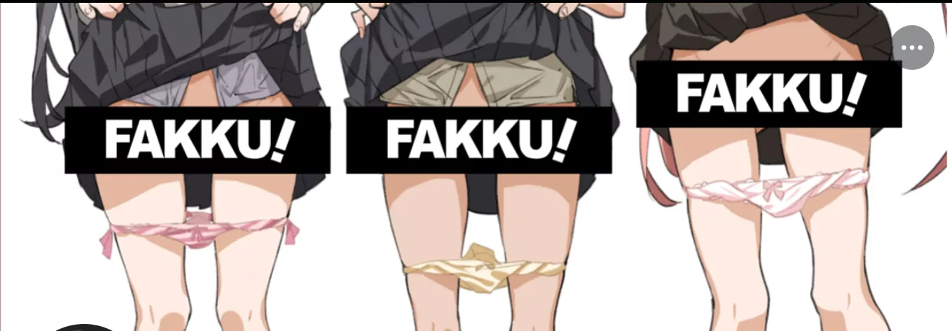 LF Color Source: 3Girls, Censored, Long Hair, Lower Body, Panties, Skirt Lift, School Dress, Black Skirts, Text: FAKKU!