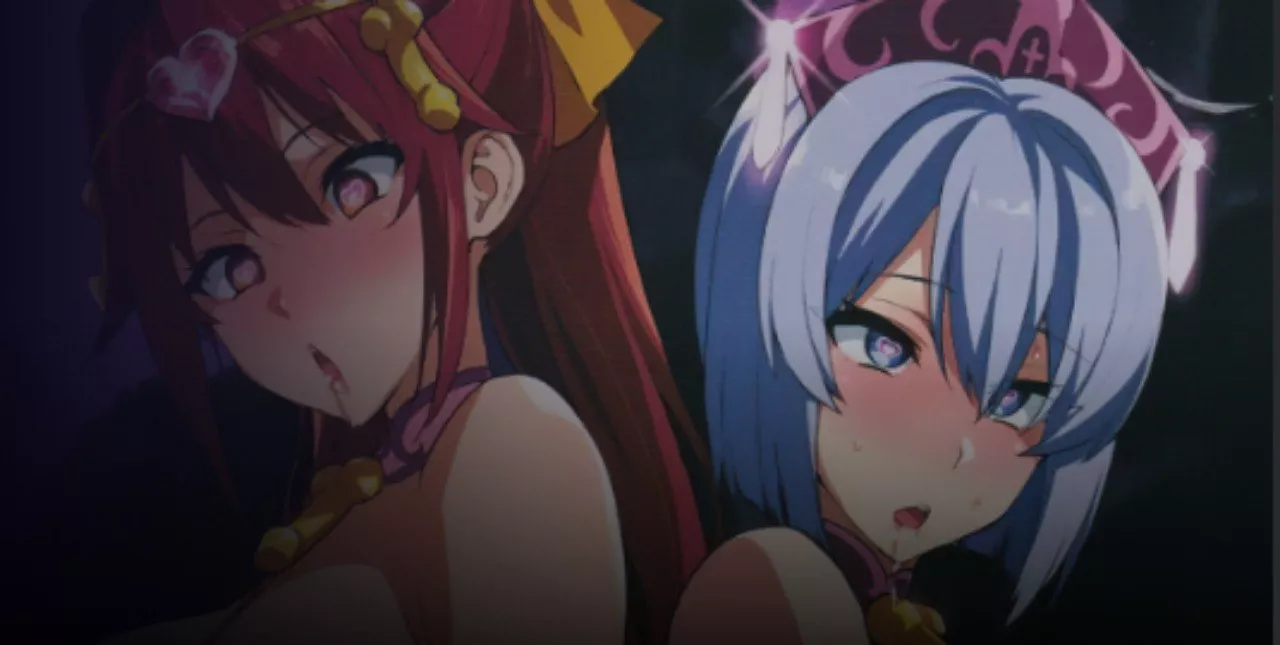LF Color Source: ahegao, 2girls, red hair, blue hair, unusual pupils