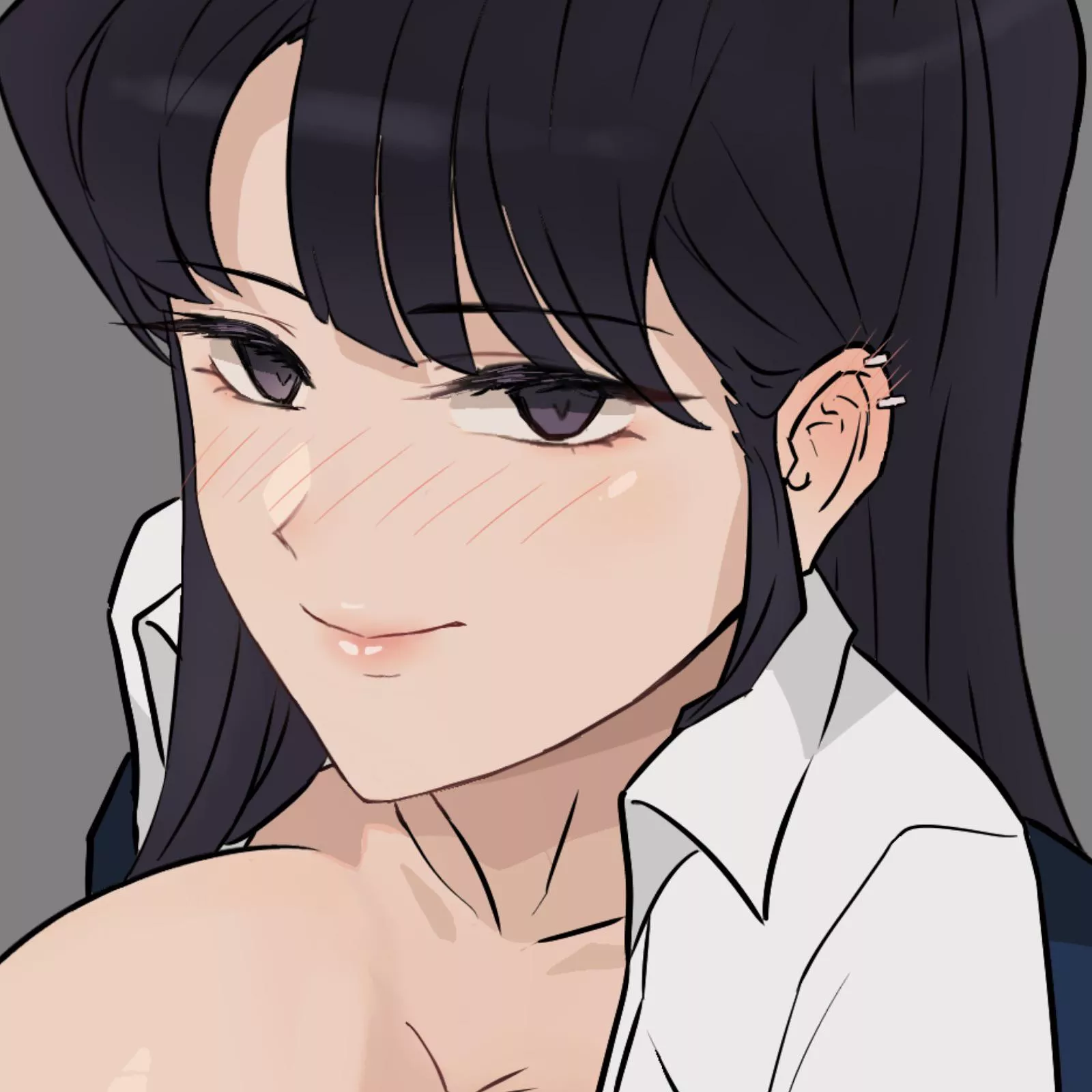 LF color source: black hair, black eyes, smile, ear piecing, breasts, white shirt, looking at viewer, komi-san wa komyushou desu, komi shouko, blush