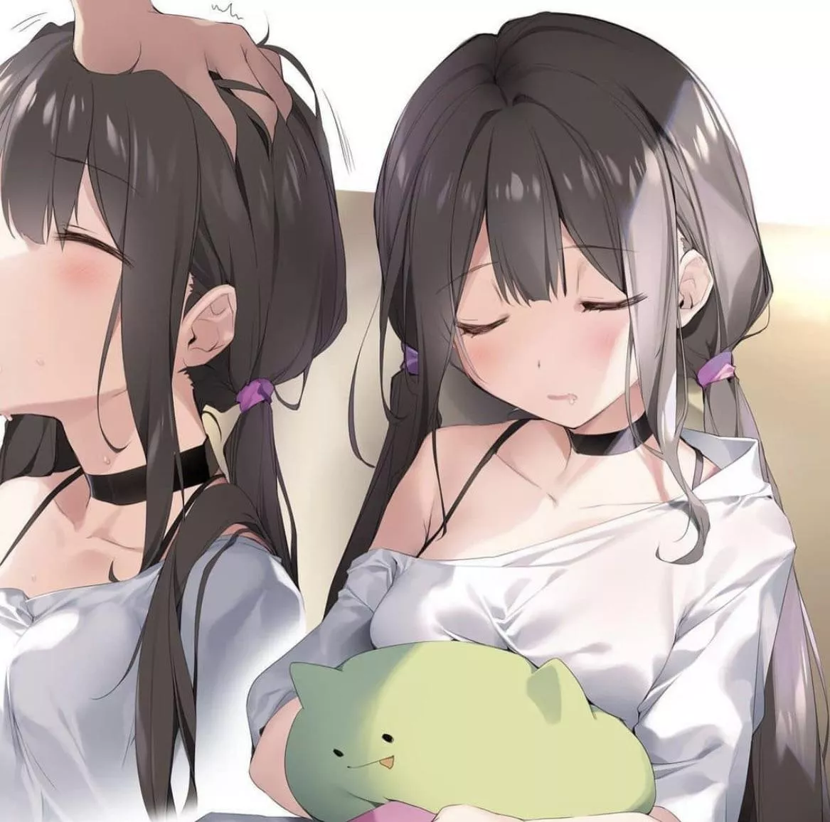 LF Color Source: black hair, choker, sleeping, 1girl, hand on head, head grab