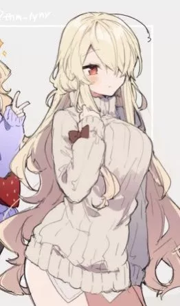 LF Color Source: Blonde Hair, Sweater, Red Eye, Long Hair, White Under Dresshirt, Hair Covering Left Eye, Ahoge
