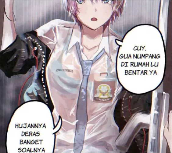 LF Color Source: “Cuy. gua numpang di rumah lu bentar ya”, “hujannya deras banget soalnya”, 1girl, pink hair, short hair, blue eyes, beauty mark, mole under eye, jacket, school uniform, indonesian text, wet clothes, looking at viewer, rain, open 