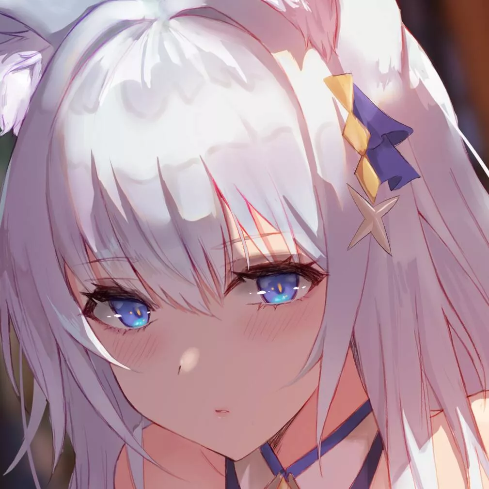 LF Color Source: face, blue eyes, white hair, animal ears, collar, shoulder, eyebrows visible through hair, hair ornament, blush