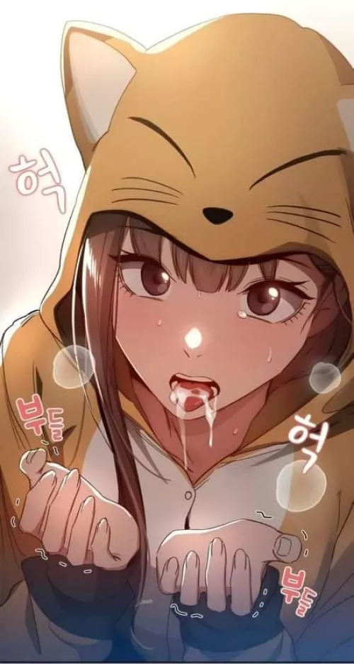 LF Color Source: foreign text, 1girl, brown hair, brown eyes, cat onesie, mouth open, tongue out, cum in mouth, sweating, manhwa