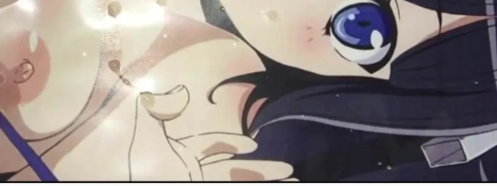 LF Color Source: Hestia, 1girl, breast, nipple, blue eyes, black hair, hand visible, hands holding blue string, blue string on breast