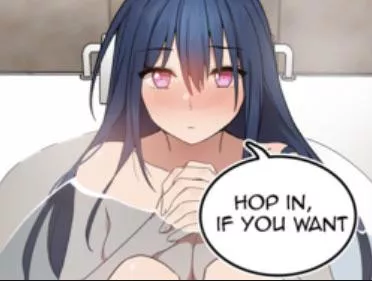 LF Color Source: “hop in, if you want”, 1girl, pink eyes, blush, bathtub