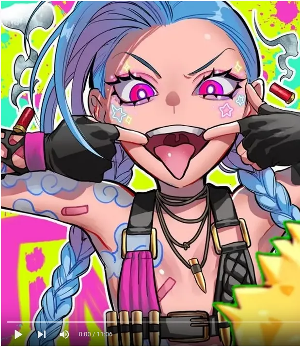 LF color source: Jinx (league of legends), 1girl, flat chested, open mouth, mouth held open, teeth, black gloves, fingerless gloves, tattoos, yt/youtube thumbnail