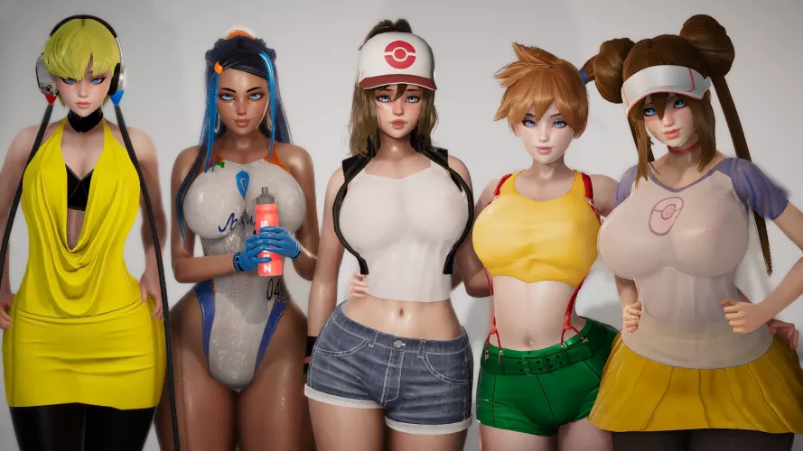 LF color source: looking at camera, pink areola, large areola, big areola, suspenders, short shorts, denim shorts, jean shorts, skirt, short skirt, orange hair, yellow hair, brown hair, black hair, pokémon, nessa, misty, cap, 3d, black, dark skin, blue