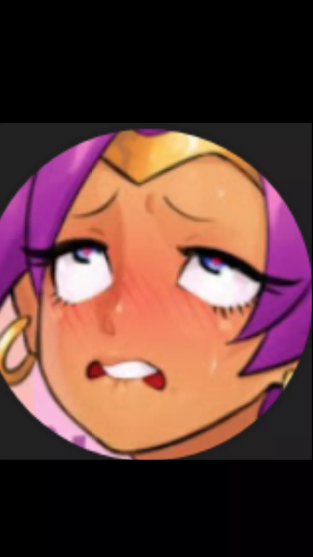 LF color source: purple hair, eyes up, lip biting, blush, sweating, ear ring