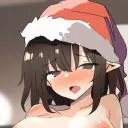 LF Color Source: Santa Hat, Christmas Hat, Pointed Ears, Brown Hair Short/Medium Hair, Ahegao, Blushing, Brown Eyes, Big Breasts, Pink Areolae
