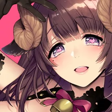 LF color source: Sumeragi Kohaku, face, horns, bells, 1girl, mouth open, crop, pink background, bangs, long hair, brown hair, ribbons, heart-shape pupil eyes