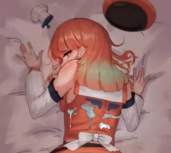 LF color source: takanashi kiara, orange hair, green highlights, bent over, orange outfit, hat, purple eyes, white bow, cum.