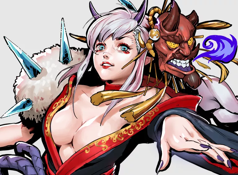 LF Color Source: white hair, 1girl, demon(?), purple nails, blue eyes, looking at viewer, robe, smiling, cleavage