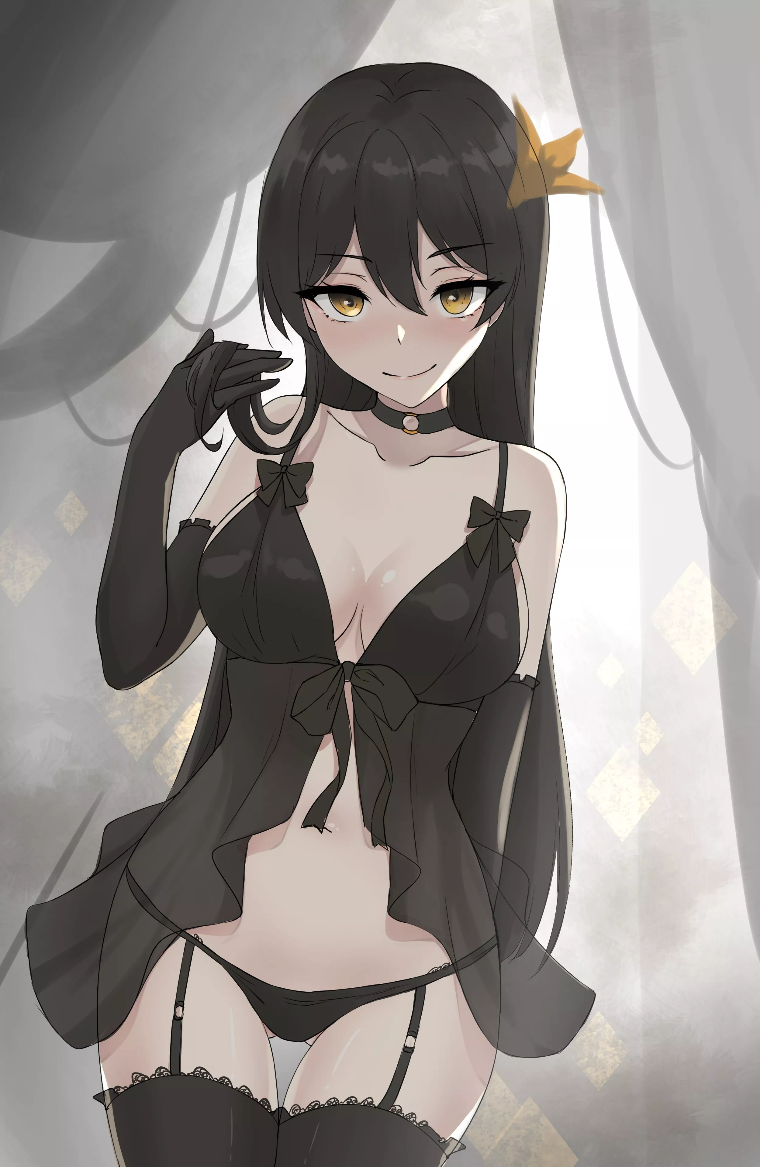 LF Color source: Yellow hair decor, black lingerie, black hair, yellow eyes, garter belt, black gloves.