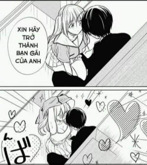 LF mono source: 1boy, 1girl, blonde, ponytail, undressing, sfx, heart, “Xin hãy trở thành bạn gái của anh”.