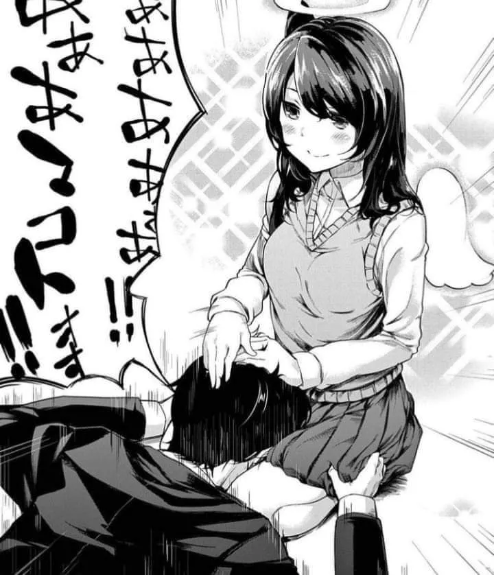 LF Mono Source: 1boy, 1girl, foreign/japanese text, speech bubble, halo, wings, long hair, bangs, school uniform, hand on another's head, head between knees/thighs, thigh grab, motion lines, emphasis lines LF Mono Source: 1boy, 1girl, foreign/japanese text, speech bubble, halo, wings, long hair, bangs, school uniform, hand on another's head, head between knees/thighs, thigh grab, motion lines, emphasis lines