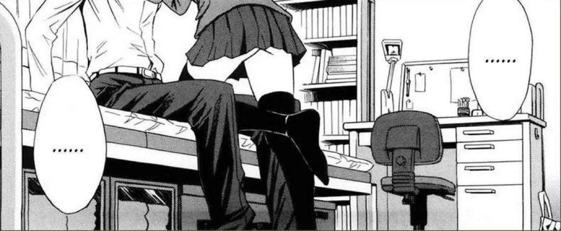 LF Mono Source: 1boy, 1girl, lean over, tights, short skirt, school uniform, thighs, suit, sitting on bed, bookshelf, desk, chair, ......, ......