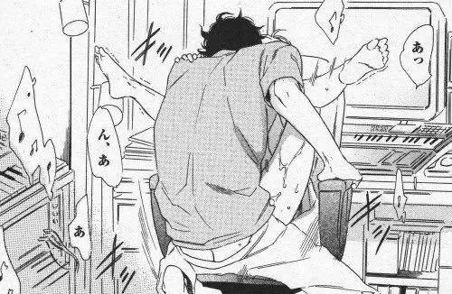 LF Mono Source: 1boy, 1girl, legs, desk, computer, sex on chair, books, black hair, keyboard