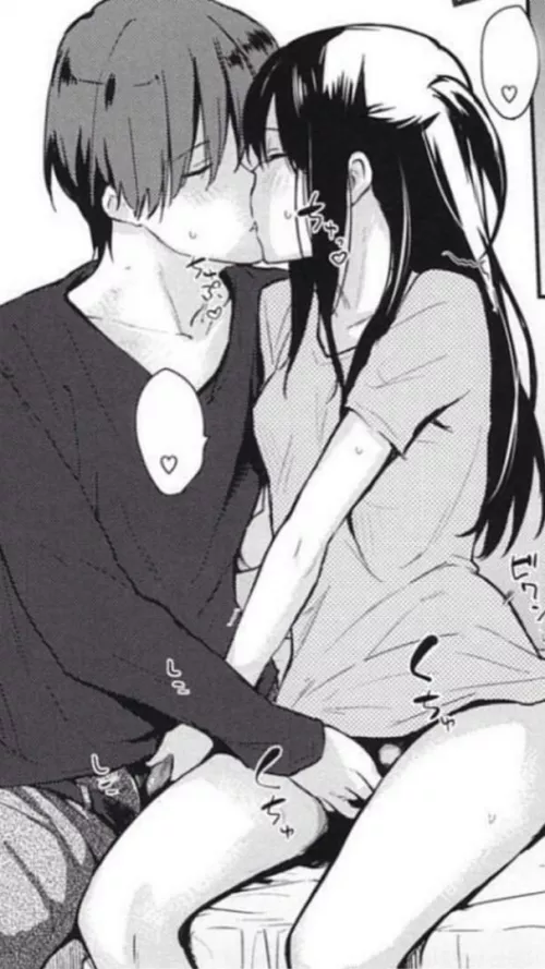 LF mono source: 1boy, 1girl, masturbating, kissing, black hair, text blob, heart, sitting, eyes closed, blushing, sweat drops, dark clothes, light clothes, bottomless