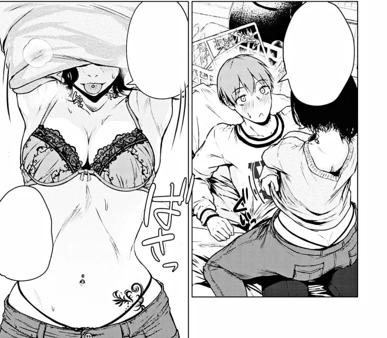 Lf Mono Source: 1boy, 1girl, textless, undressing, girl sitting on boy, tounge out, tattoo