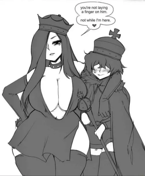 LF Mono Source: 1girl, 1boy, big boobs, king, queen, chess pieces, blushing, spiked collar, stockings, staff, arm sleeves, cloak, wavy mouth, hand on shoulder