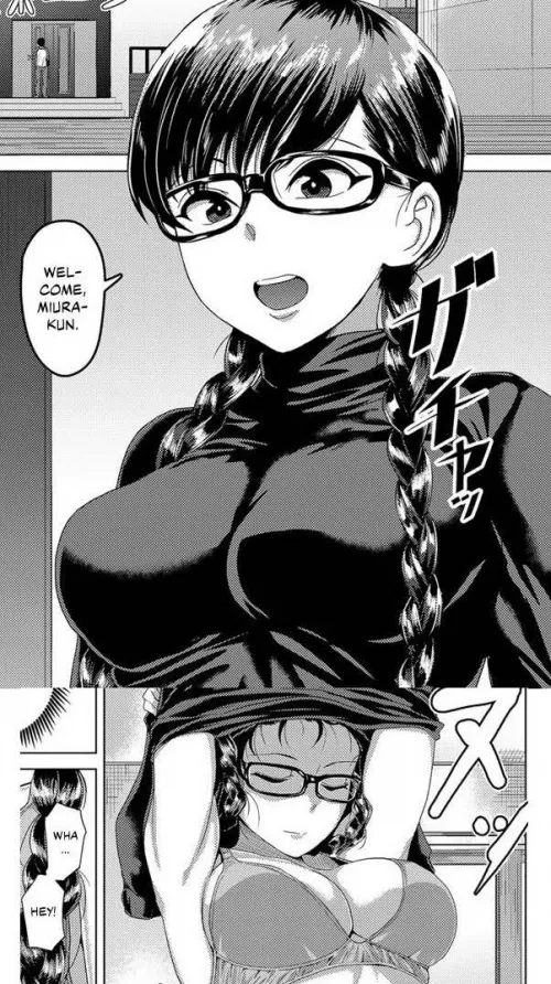 LF Mono Source: 1girl, 1boy, glasses, twintails, braids, stripping,
