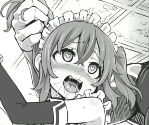 LF Mono Source: 1girl, 1boy, muscle, Twintails, Ahegao, Maid, hair grab, heart eyes, blushing, saliva, ceiling,