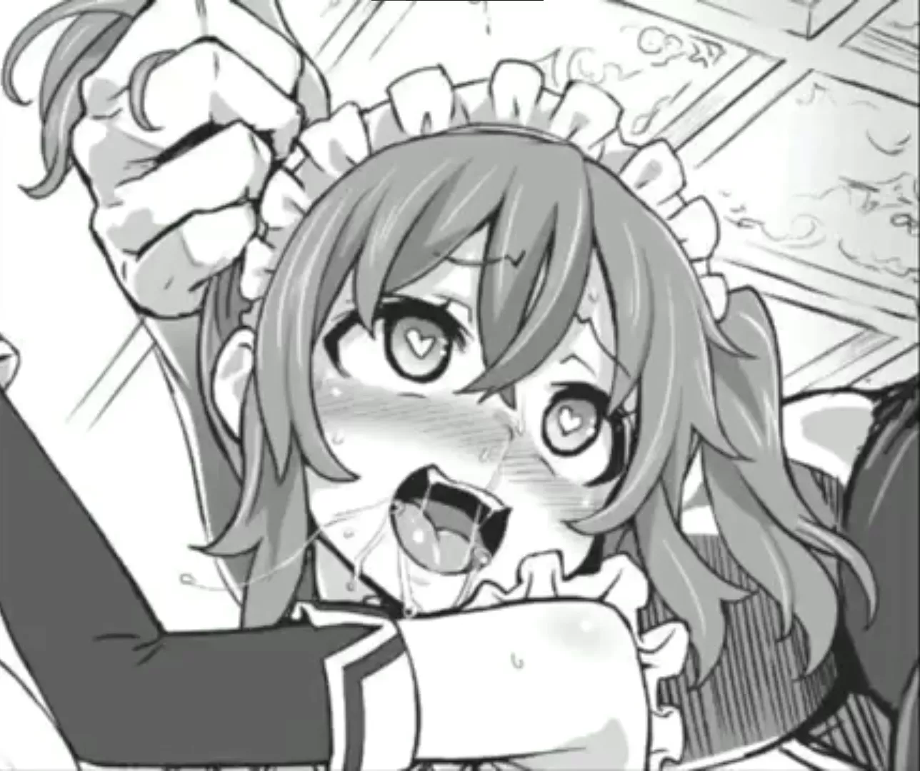 LF Mono Source: 1girl, 1boy, muscle, Twintails, Ahegao, Maid, hair grab, heart eyes, blushing, saliva, ceiling,