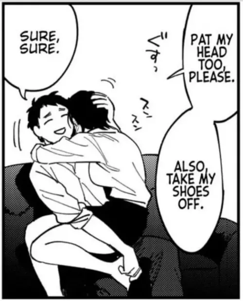 LF Mono Source: 1girl, 1boy, shirt, rolled up sleeves, short hair, black hair, office lady, sofa, skirt, hugging, shoes taking off,